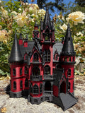 Miniature HO Scale Crimson Gothic Mansion - Pre-assembled Red Black Castle Detailed Model by Gold Rush Bay