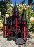 Miniature HO Scale Crimson Gothic Mansion - Pre-assembled Red Black Castle Detailed Model by Gold Rush Bay