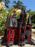 Miniature HO Scale Crimson Gothic Mansion - Pre-assembled Red Black Castle Detailed Model by Gold Rush Bay