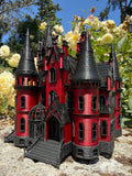 Miniature HO Scale Crimson Gothic Mansion - Pre-assembled Red Black Castle Detailed Model by Gold Rush Bay