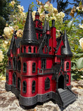 Miniature HO Scale Crimson Gothic Mansion - Pre-assembled Red Black Castle Detailed Model by Gold Rush Bay