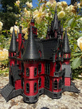 Miniature HO Scale Crimson Gothic Mansion - Pre-assembled Red Black Castle Detailed Model by Gold Rush Bay