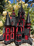 Miniature HO Scale Crimson Gothic Mansion - Pre-assembled Red Black Castle Detailed Model by Gold Rush Bay