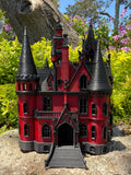 Miniature N Scale Crimson Gothic Mansion - Pre-assembled Red and Black Castle Detailed Model by Gold Rush Bay