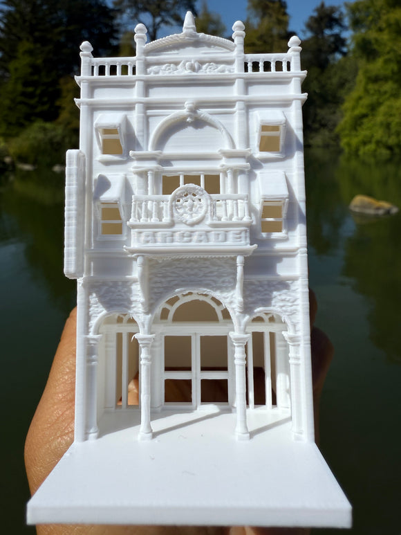 Miniature N-Scale Victorian World Main Street Arcade Building Assembled White 1:160 by Gold Rush Bay