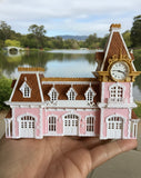 Gold Rush Bay N Scale "All Aboard" Victorian Train Station Center Pavilion – Multi-Color Miniature with 2 Working Clocks