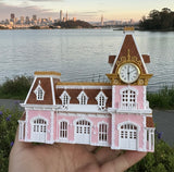 Gold Rush Bay N Scale "All Aboard" Victorian Train Station Center Pavilion – Multi-Color Miniature with 2 Working Clocks