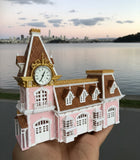 Gold Rush Bay N Scale "All Aboard" Victorian Train Station Center Pavilion – Multi-Color Miniature with 2 Working Clocks