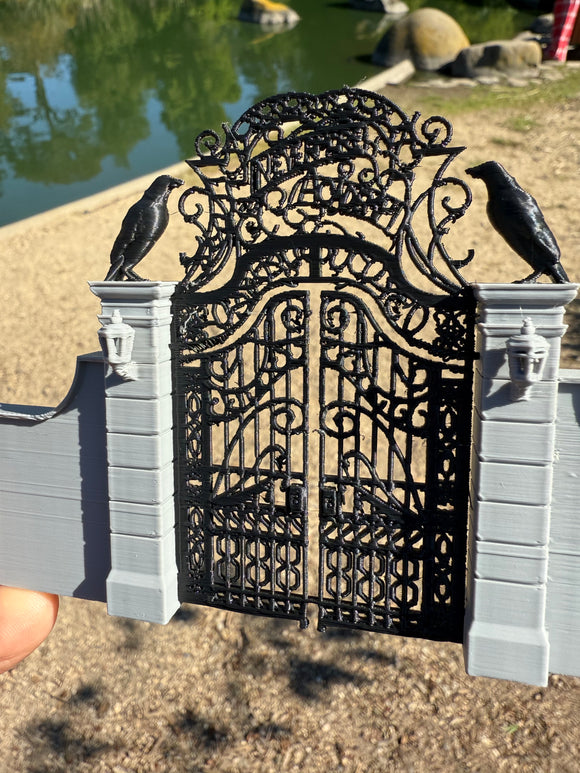 Miniature Black and Gray Nevermore Academy Gate  HO-Scale Addams Victorian dollhouse