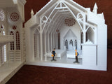Small N-Scale White Church Assembled with Interiors Gothic Cathedral